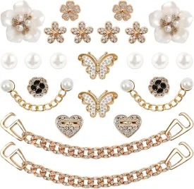 24 Pcs Bling Shoe Charms for Women, Flower Pearl Shoes Decoration Charms for Clog Rhinestone Shoes Chain Charm Cute Shoe Charms DIY Shoe Accessories for Birthday Party