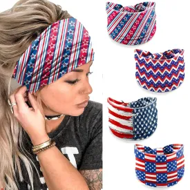 4 Pack July 4th Patriotic Headbands for Women - American Flag Star Spangled Banner Star Print Wide Bandana, Breathable Stretchy Non-Slip Hair Accessories for Yoga, Running, Party Celebrations