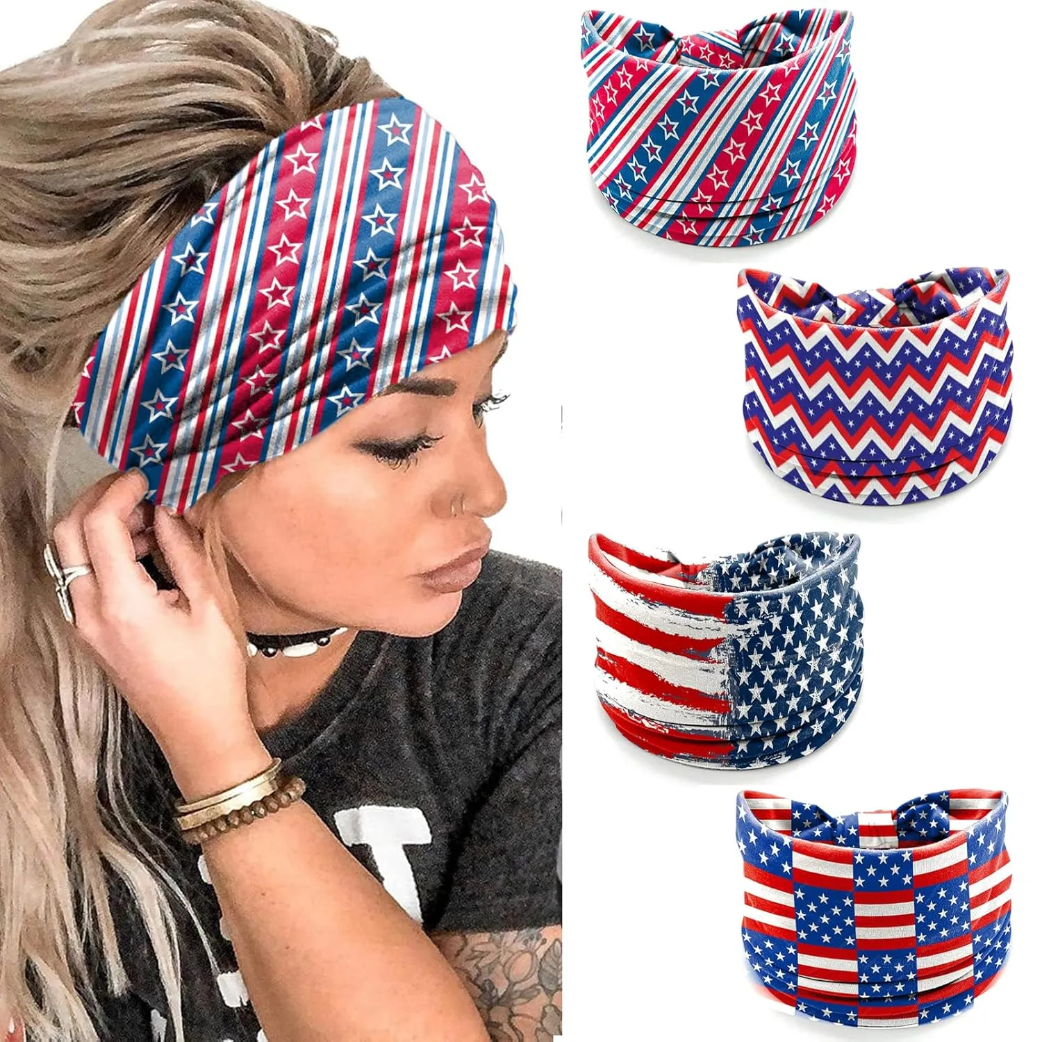 4 Pack July 4th Patriotic Headbands for Women - American Flag Star Spangled Banner Star Print Wide Bandana, Breathable Stretchy Non-Slip Hair Accessories for Yoga, Running, Party Celebrations