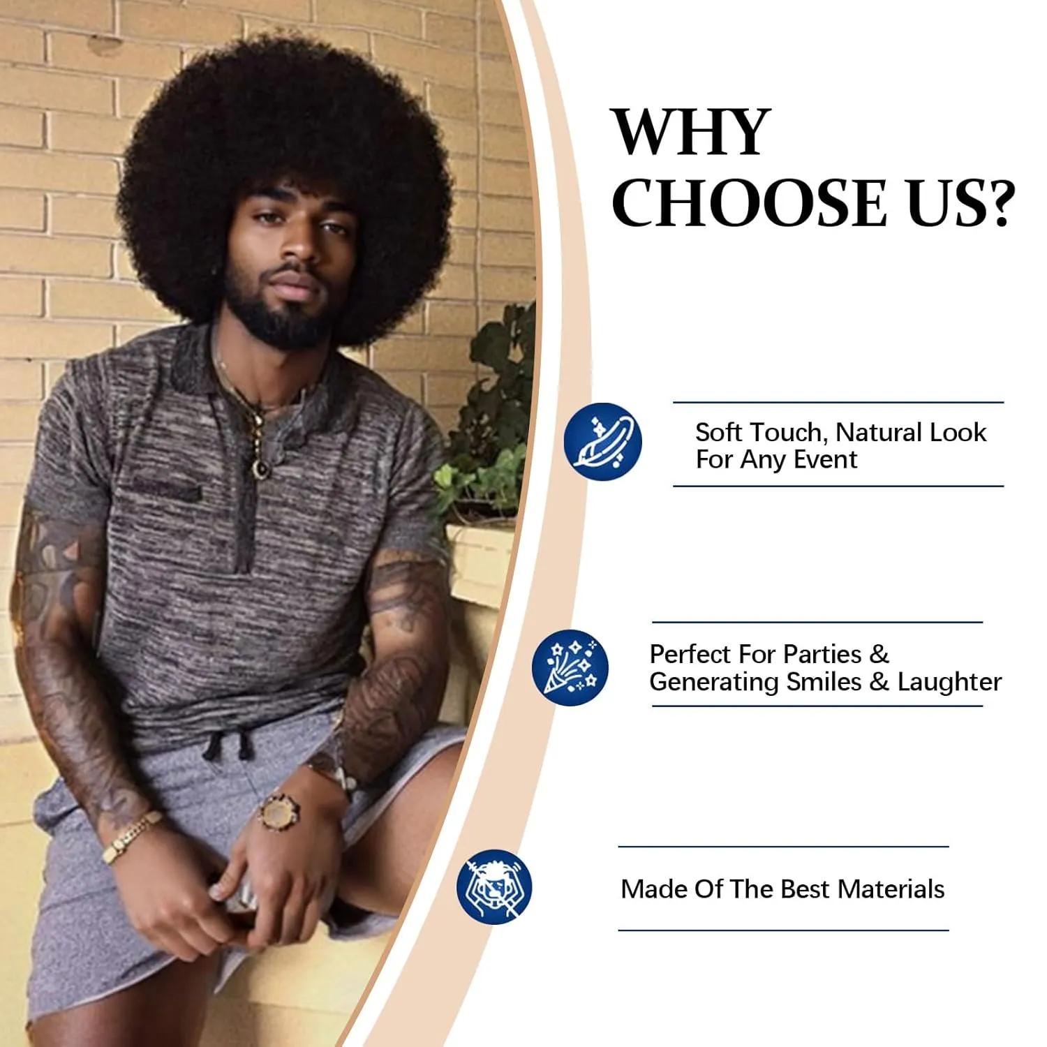 70S Men??s Afro Wig for Disco Party, 5pcs Set (Glasses  Necklace  Mustache  Wig Cap) Black Afro Curly Retro Disco Rocker Wigs for 70S 80S Costume Halloween Cosplay Use