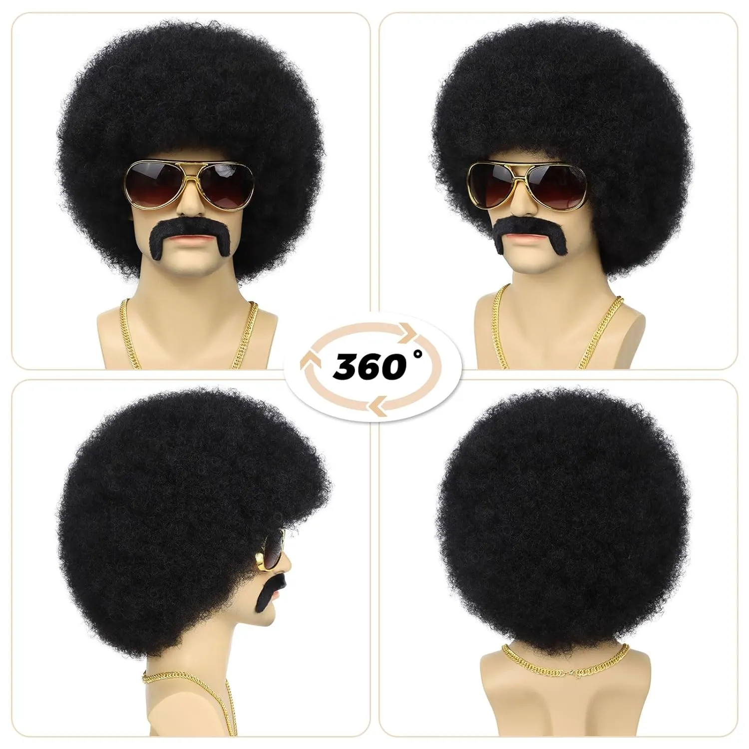 70S Men??s Afro Wig for Disco Party, 5pcs Set (Glasses  Necklace  Mustache  Wig Cap) Black Afro Curly Retro Disco Rocker Wigs for 70S 80S Costume Halloween Cosplay Use