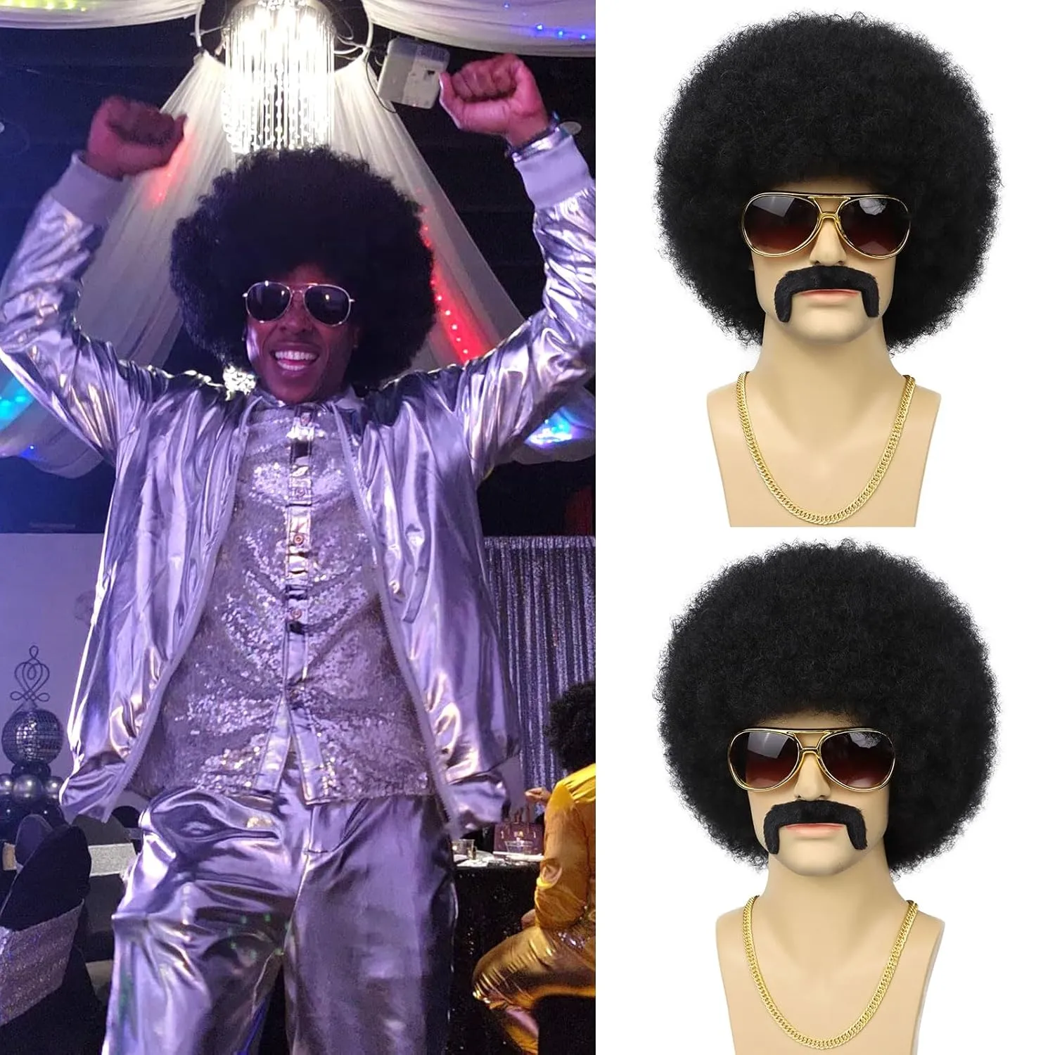 70S Men??s Afro Wig for Disco Party, 5pcs Set (Glasses  Necklace  Mustache  Wig Cap) Black Afro Curly Retro Disco Rocker Wigs for 70S 80S Costume Halloween Cosplay Use