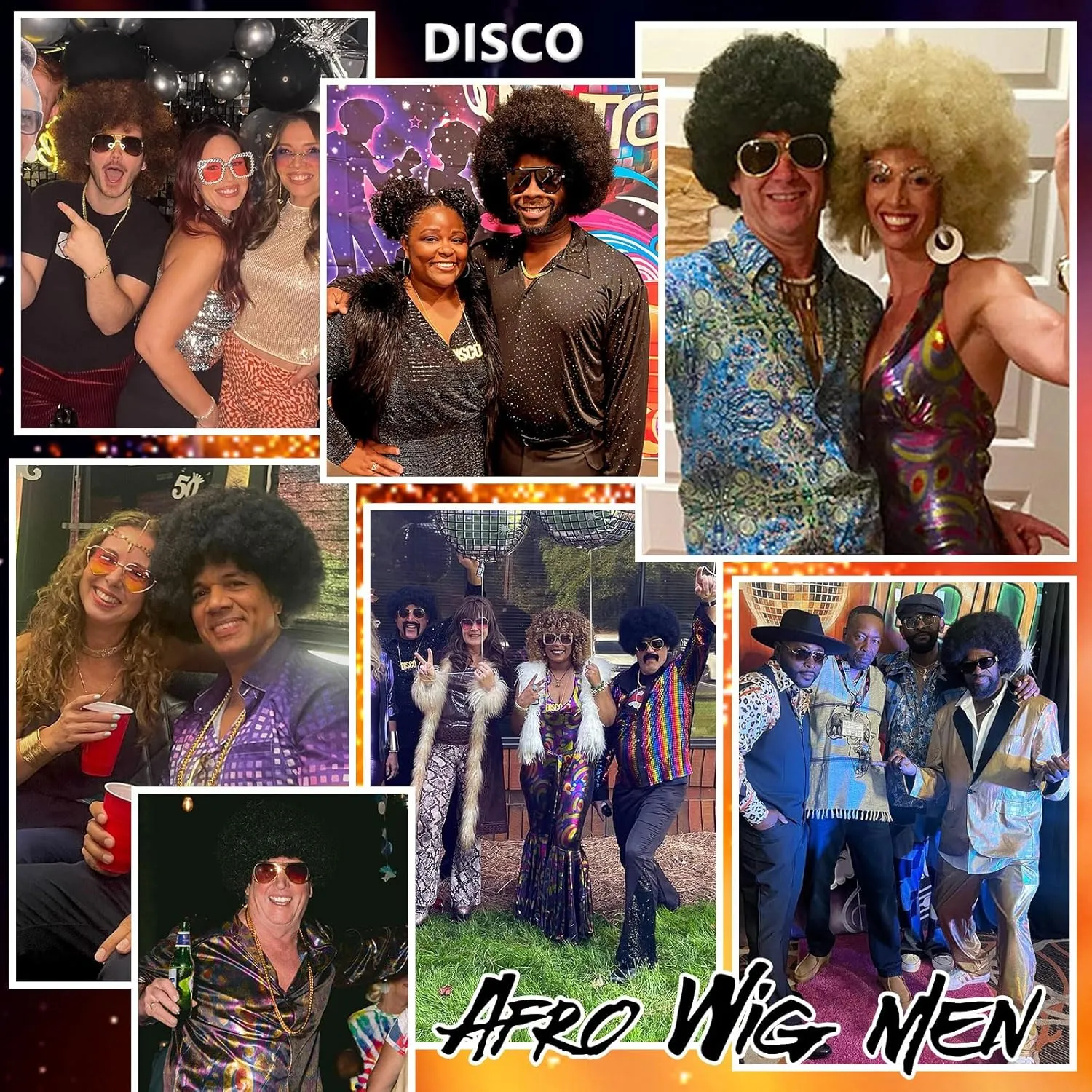 70S Men??s Afro Wig for Disco Party, 5pcs Set (Glasses  Necklace  Mustache  Wig Cap) Black Afro Curly Retro Disco Rocker Wigs for 70S 80S Costume Halloween Cosplay Use