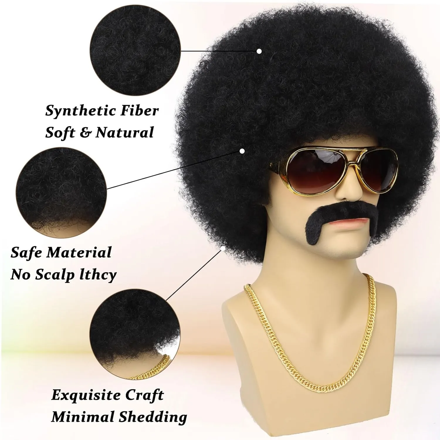 70S Men??s Afro Wig for Disco Party, 5pcs Set (Glasses  Necklace  Mustache  Wig Cap) Black Afro Curly Retro Disco Rocker Wigs for 70S 80S Costume Halloween Cosplay Use