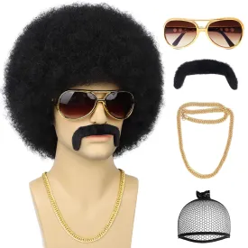 70S Men??s Afro Wig for Disco Party, 5pcs Set (Glasses  Necklace  Mustache  Wig Cap) Black Afro Curly Retro Disco Rocker Wigs for 70S 80S Costume Halloween Cosplay Use