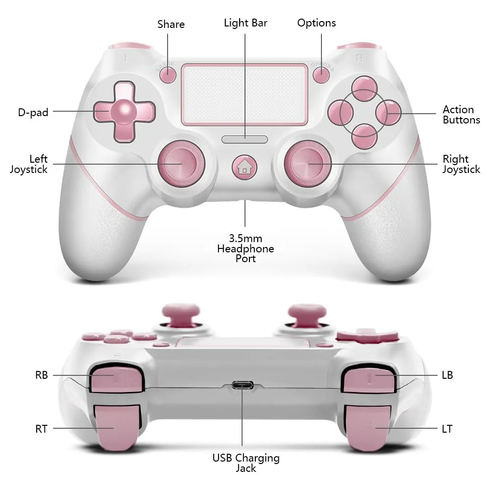 AceGamer Wireless Controller for PS4, Custom Design V2 Gamepad Joystick for PS4 with Non-Slip Grip of Both Sides and 3.5mm Audio Jack! Thumb Caps Included! (Pink-White)