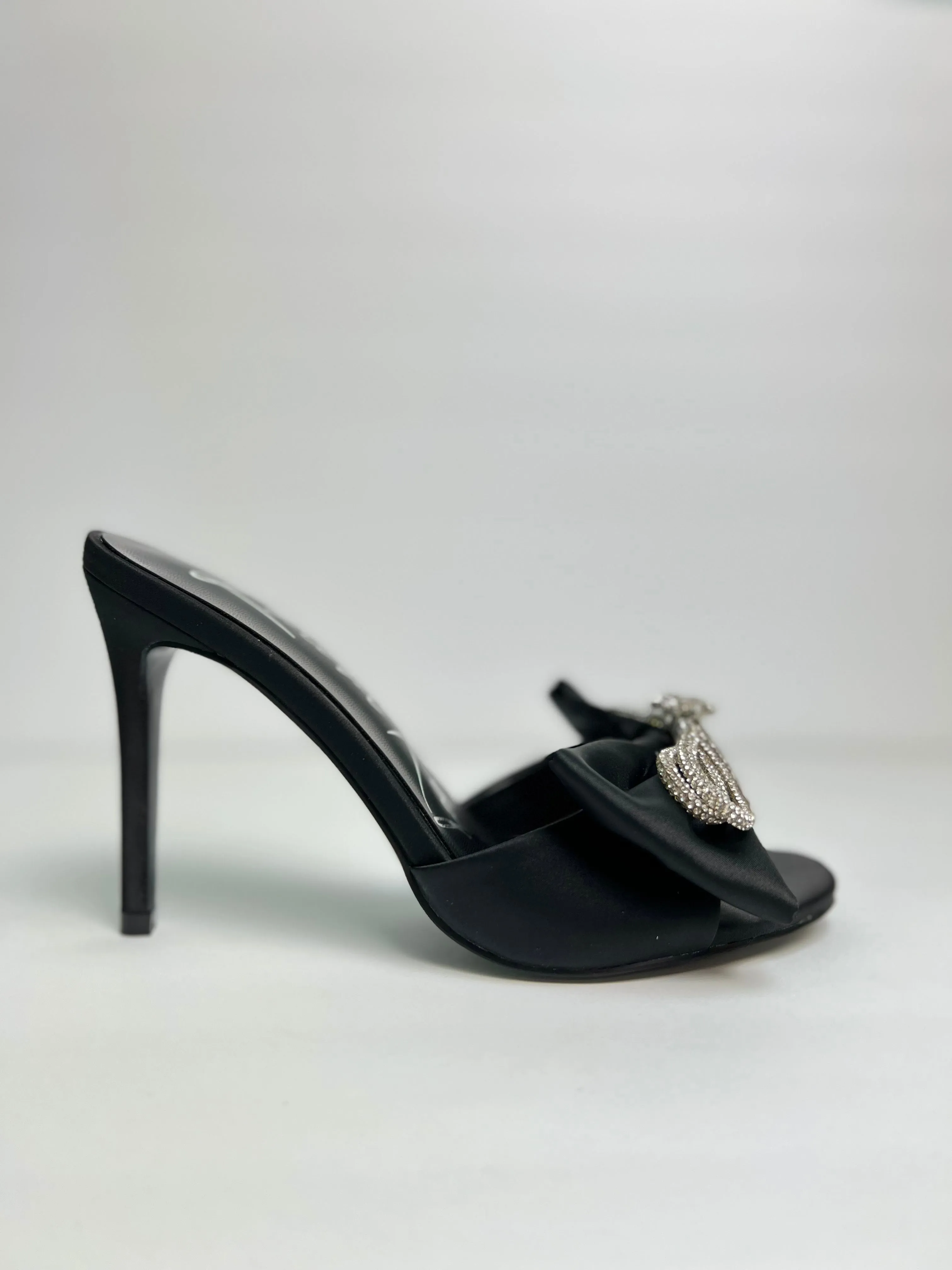 Black Crystal Bow Satin High Heels