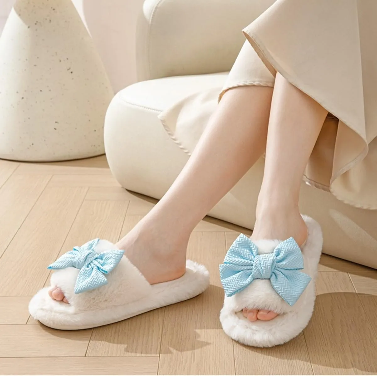 Cute Bow House Women's Slippers - Open Toe Warm Plush Fluffly Non-Slip Sole Indoor