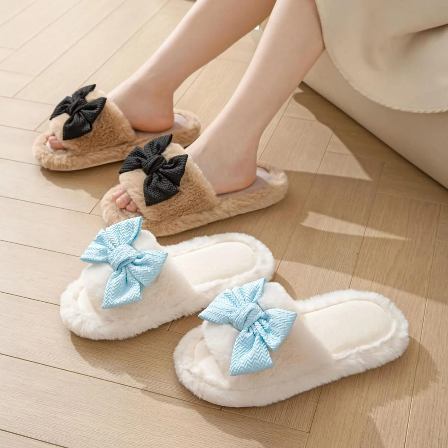 Cute Bow House Women's Slippers - Open Toe Warm Plush Fluffly Non-Slip Sole Indoor