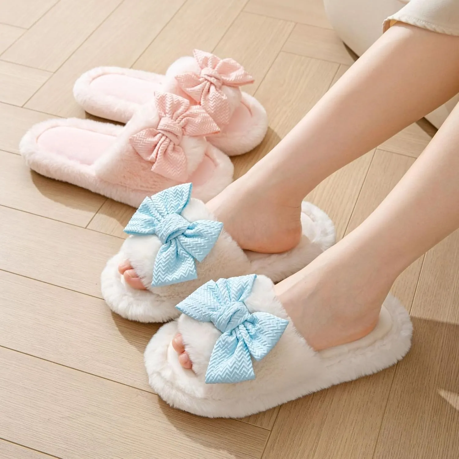 Cute Bow House Women's Slippers - Open Toe Warm Plush Fluffly Non-Slip Sole Indoor
