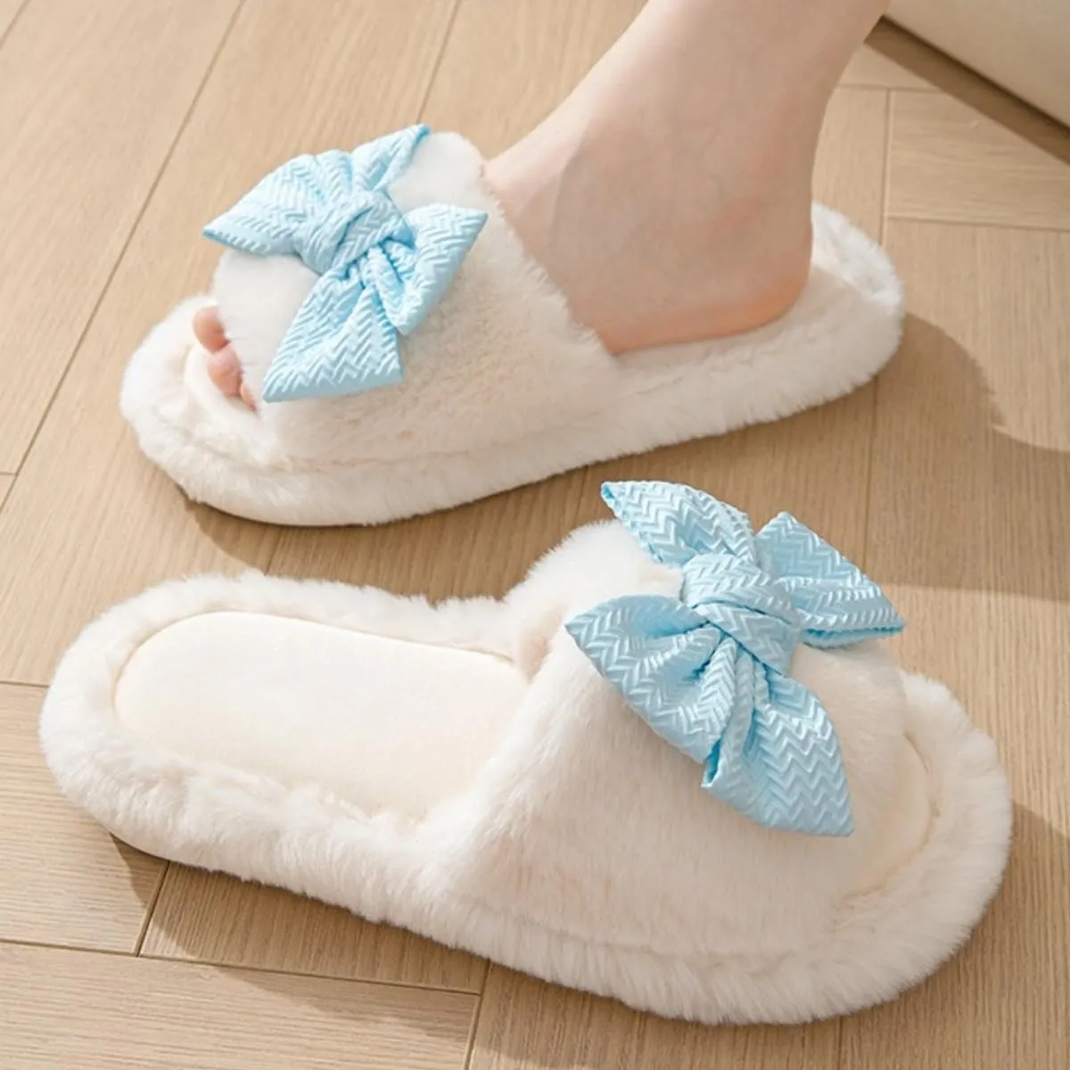 Cute Bow House Women's Slippers - Open Toe Warm Plush Fluffly Non-Slip Sole Indoor