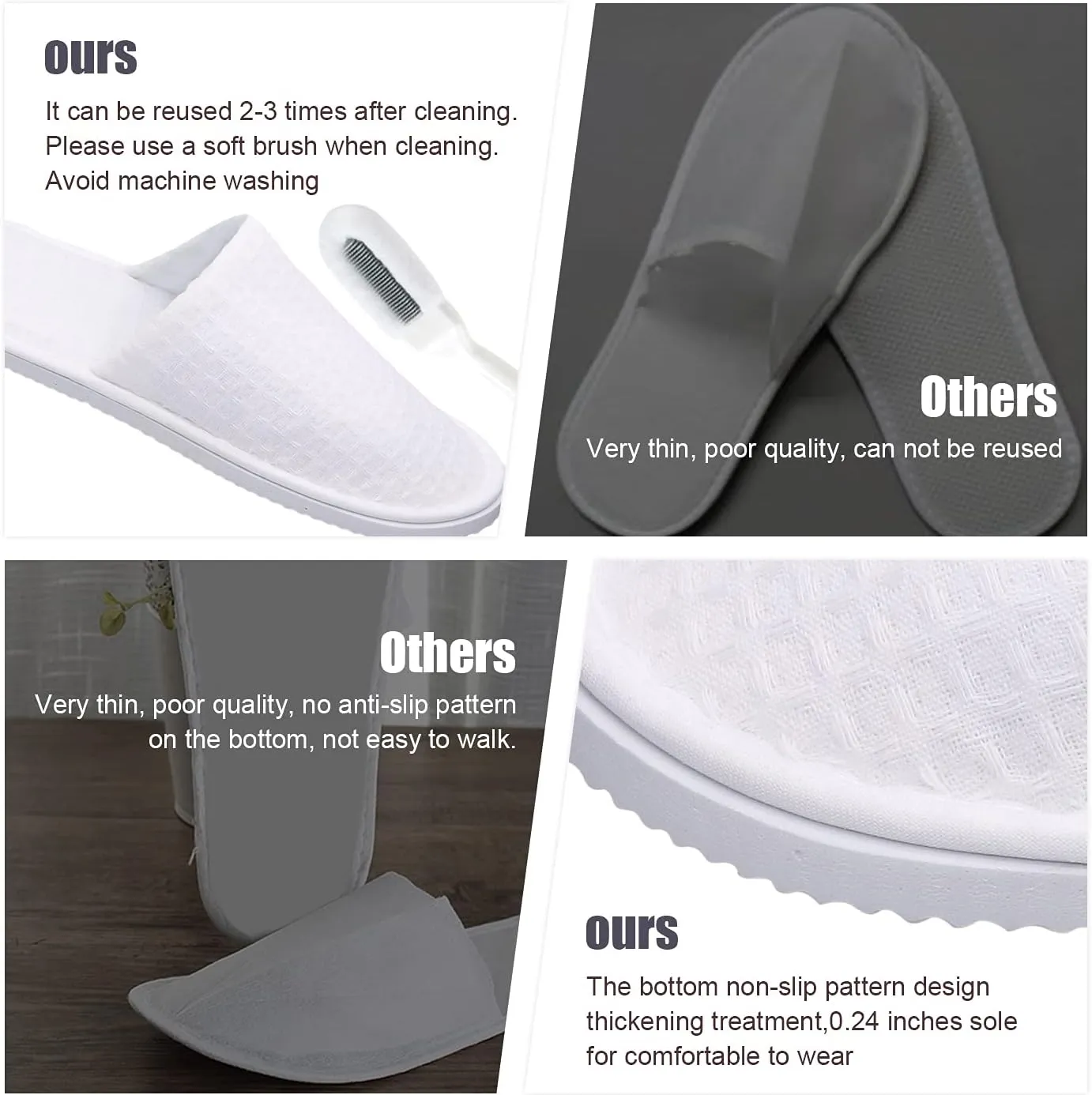 Maltose Disposable Slippers for Guests - 5 Pairs Non-Slip House Slippers - Unisex Soft Thicker Cotton Sole White Hotel Spa Slippers, 11.2" x 4.3" Shoe Size