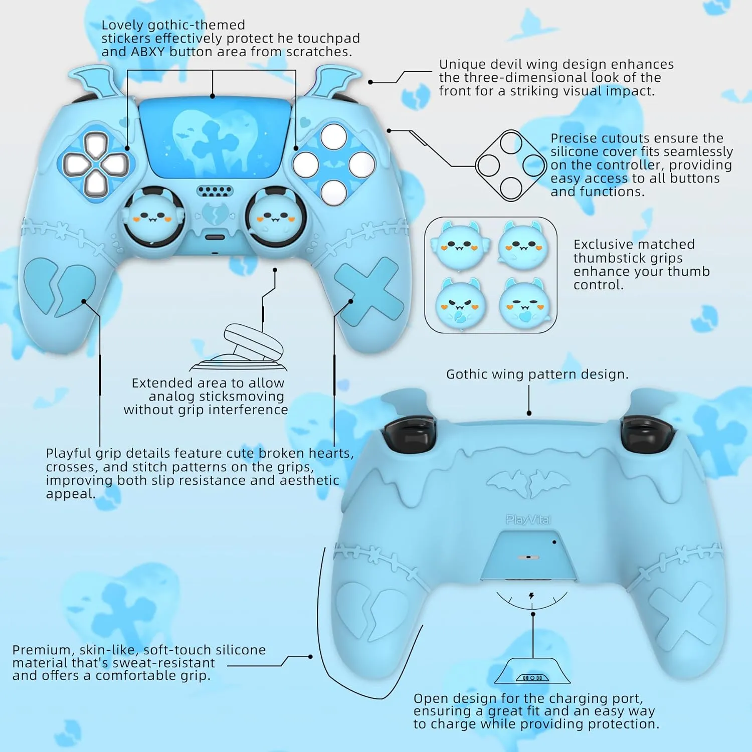 PlayVital Gothic Imp Series Cute Silicone Case for ps5 Controller with 4 Thumb Grips and 6 Stickers, Anti-Slip Silicone Skin Cover, Compatible with ps5 Charging Station, Aqua Blue