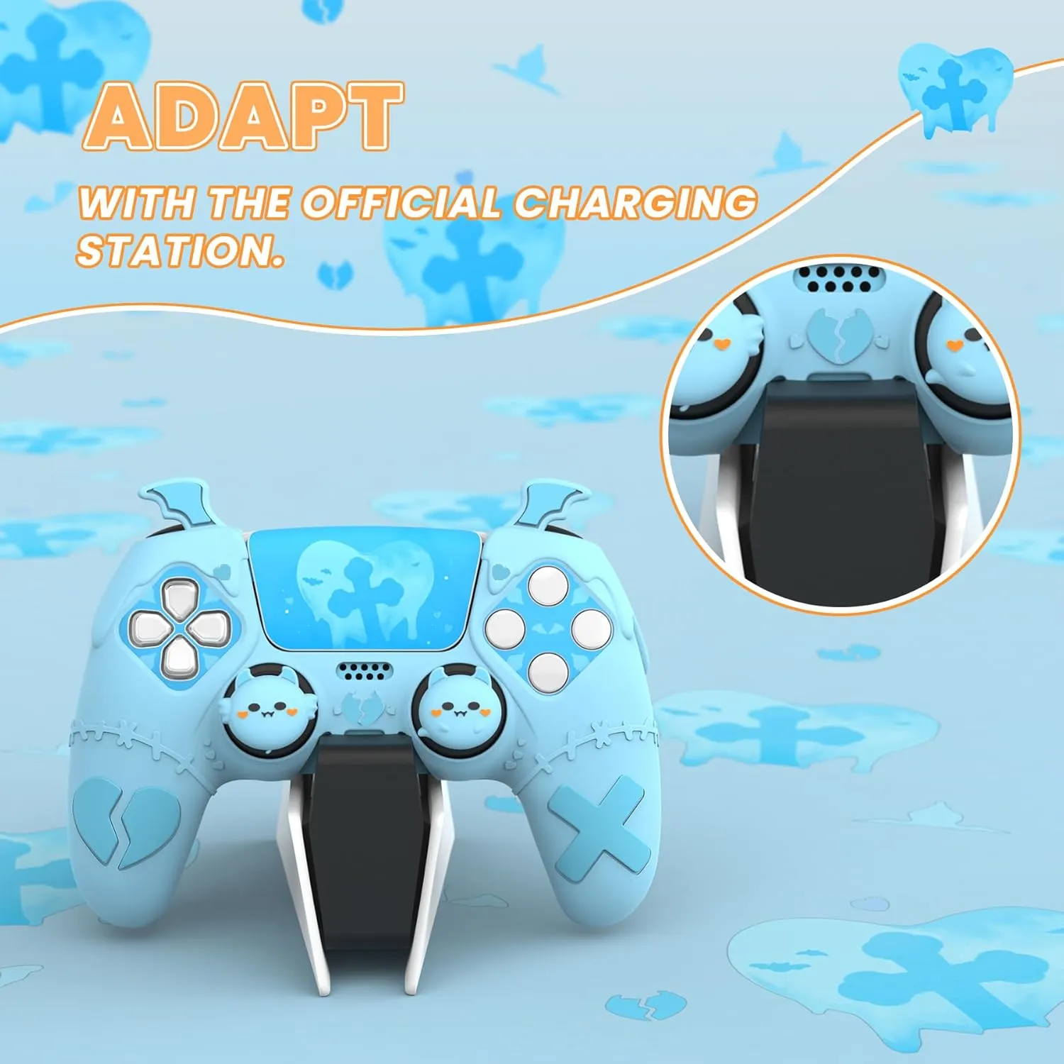 PlayVital Gothic Imp Series Cute Silicone Case for ps5 Controller with 4 Thumb Grips and 6 Stickers, Anti-Slip Silicone Skin Cover, Compatible with ps5 Charging Station, Aqua Blue