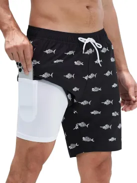 SILKWORLD Mens Swim Trunks Quick Dry Swimming Shorts with Compression Liner and Zipper Pockets