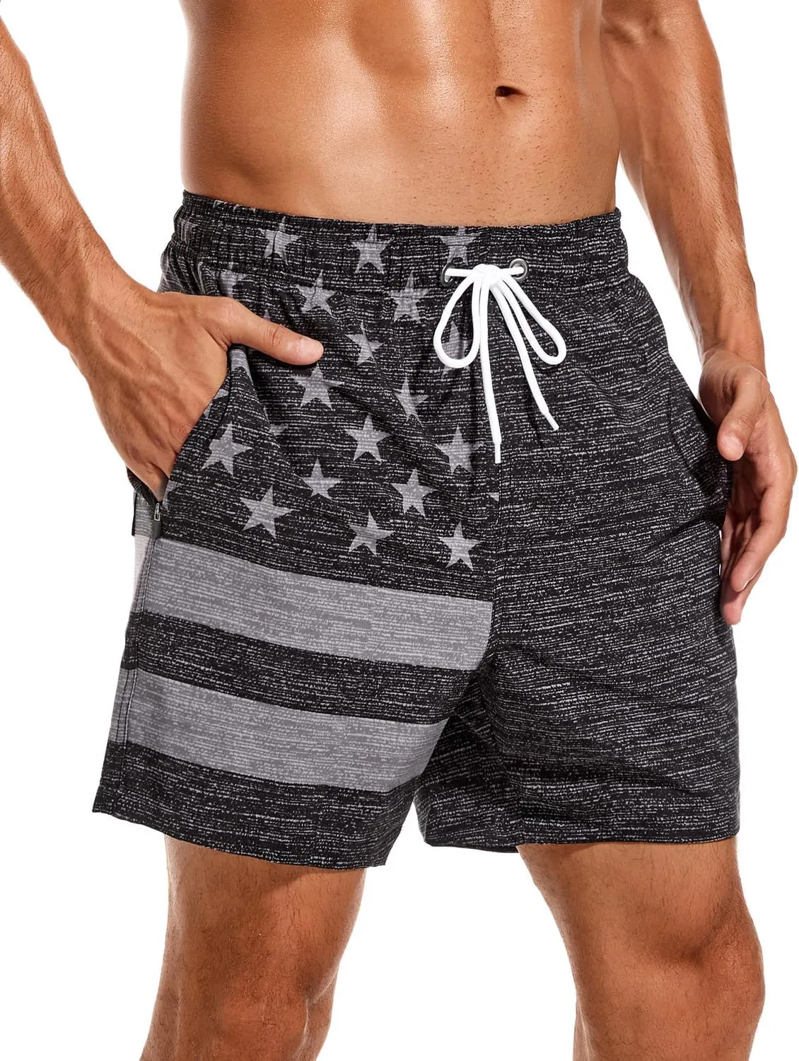 SILKWORLD Mens Swimming Trunks with Compression Liner 2 in 1 Quick-Dry Swim Shorts with Zipper Pockets