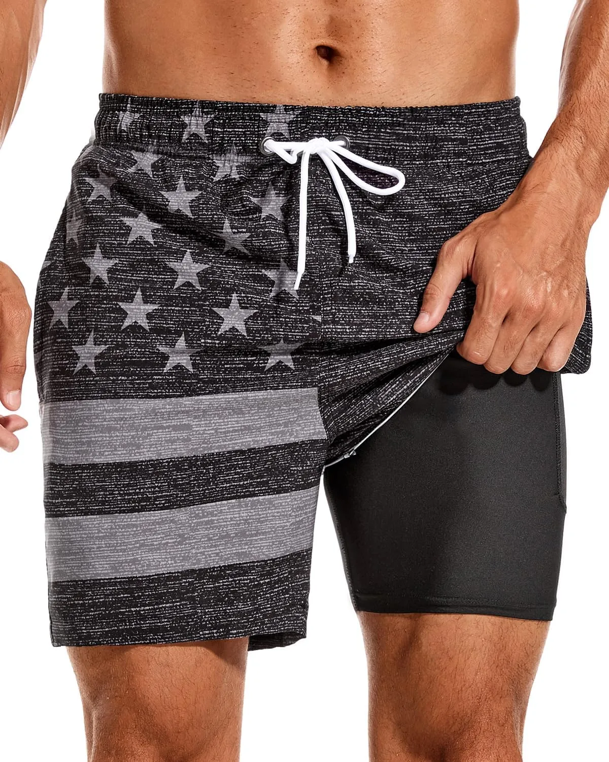 SILKWORLD Mens Swimming Trunks with Compression Liner 2 in 1 Quick-Dry Swim Shorts with Zipper Pockets
