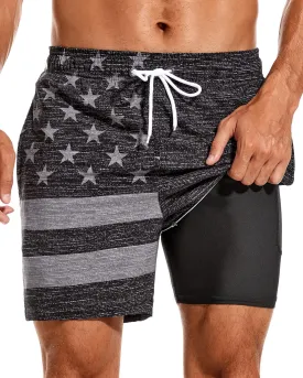 SILKWORLD Mens Swimming Trunks with Compression Liner 2 in 1 Quick-Dry Swim Shorts with Zipper Pockets