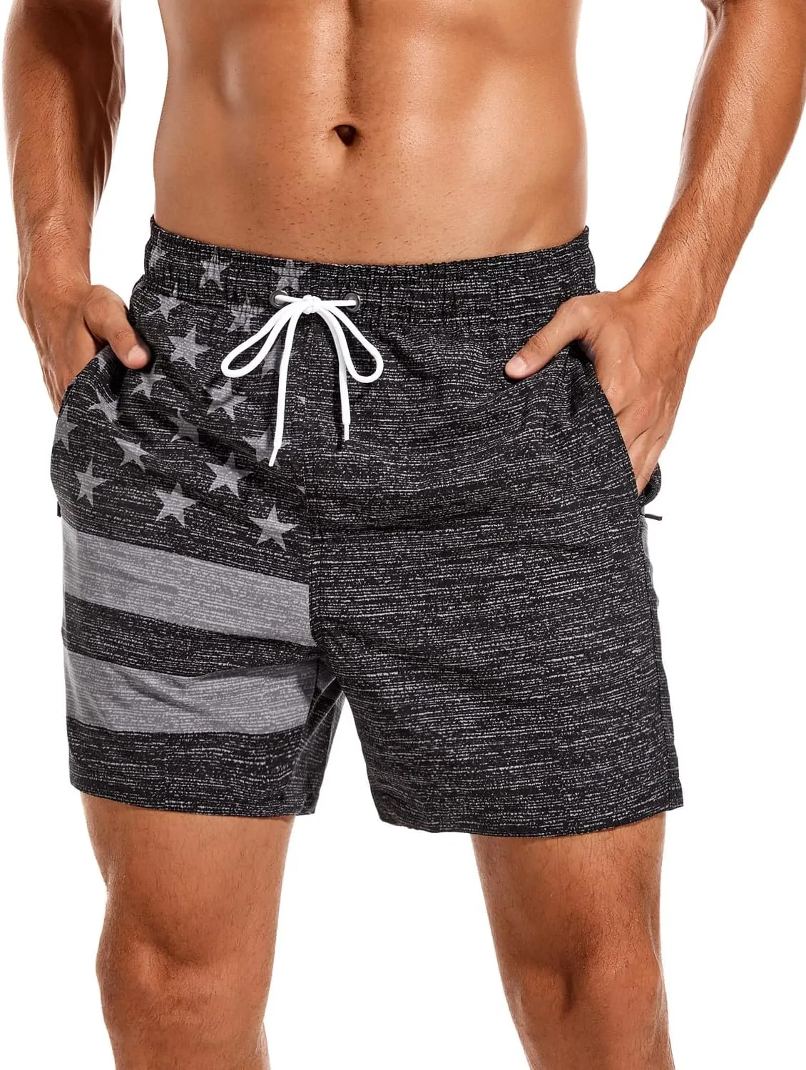 SILKWORLD Mens Swimming Trunks with Compression Liner 2 in 1 Quick-Dry Swim Shorts with Zipper Pockets