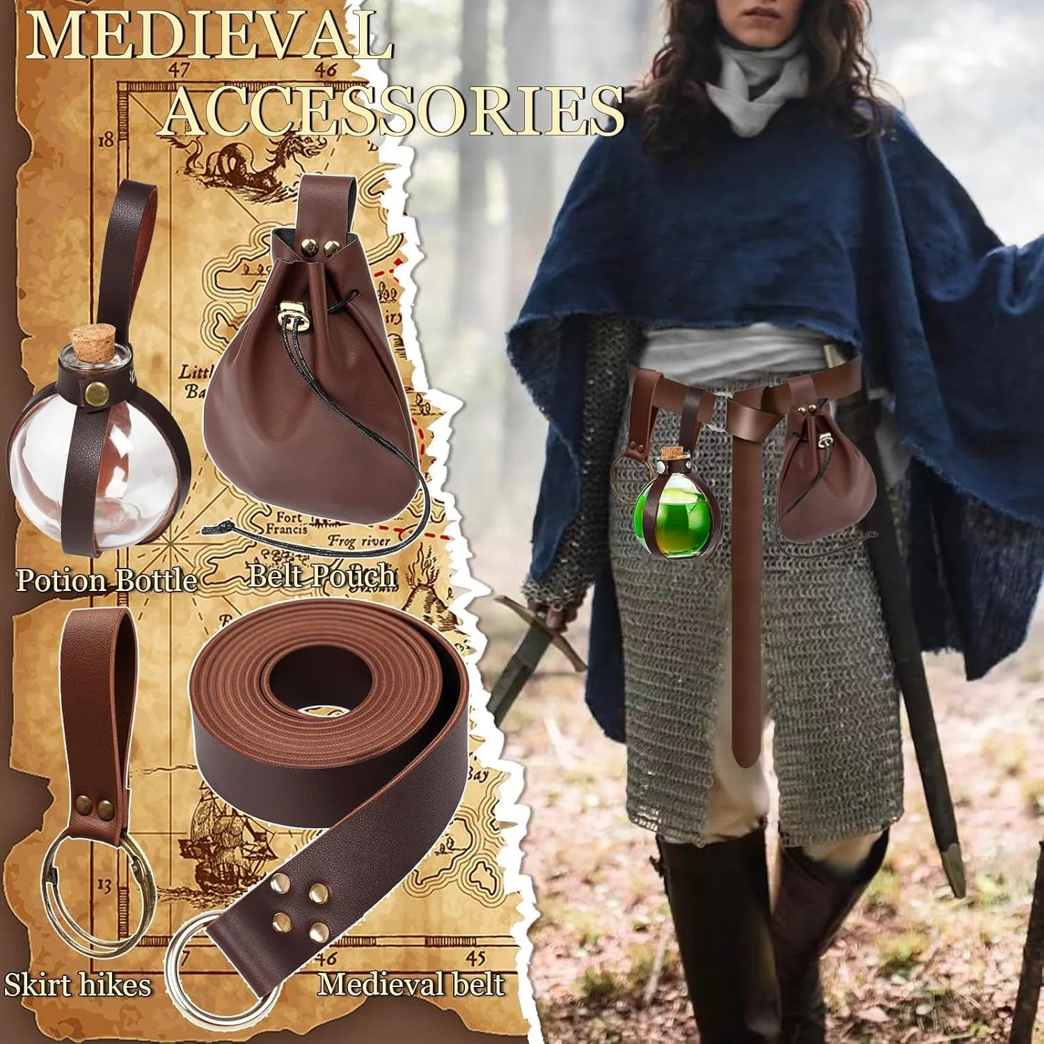SUMGOGO 4 Pcs Halloween Renaissance Belt Pouch Witch Bottle Skirt Hikes Medieval Viking Pirate Leather Belt Costume Set