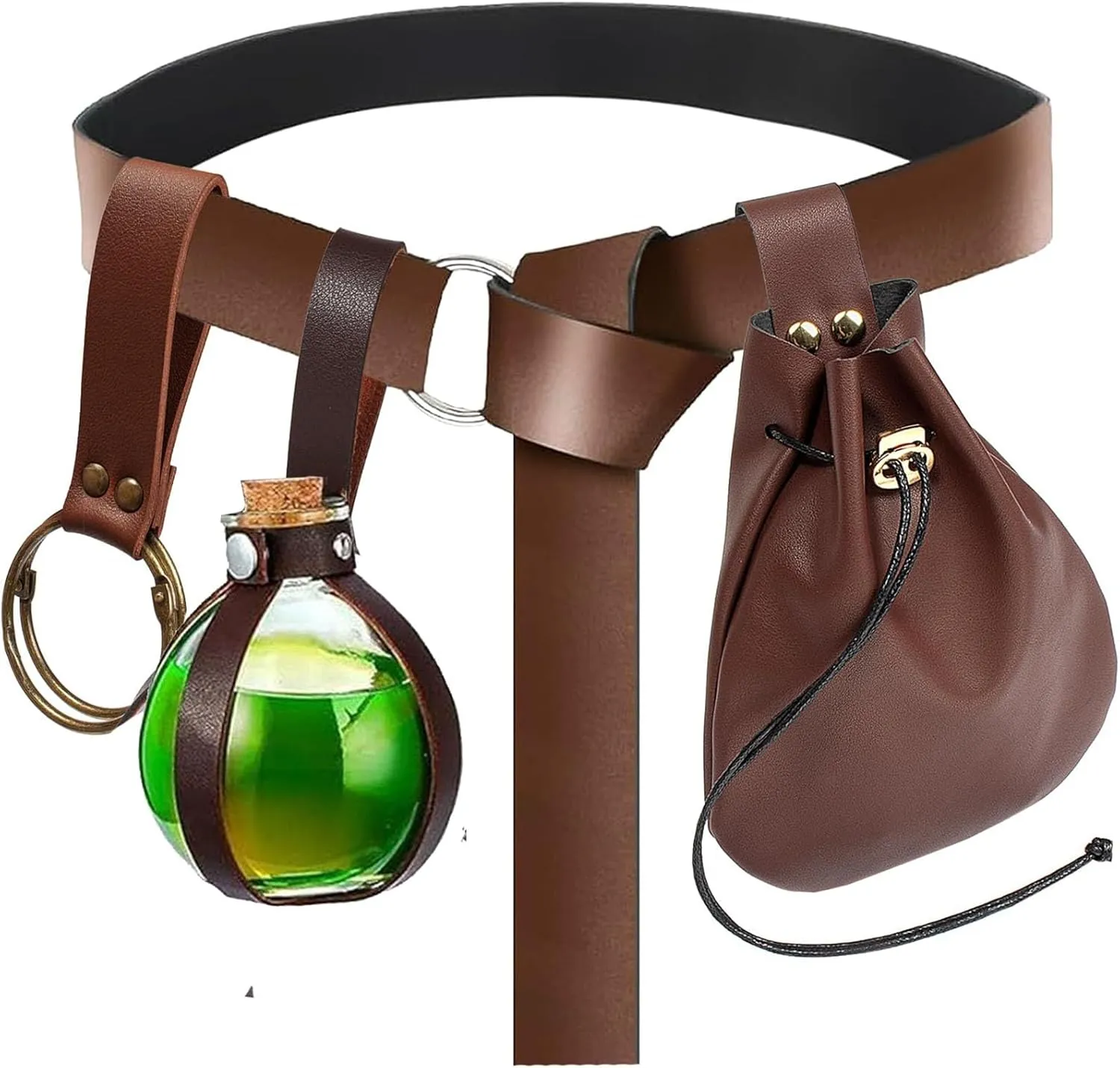 SUMGOGO 4 Pcs Halloween Renaissance Belt Pouch Witch Bottle Skirt Hikes Medieval Viking Pirate Leather Belt Costume Set