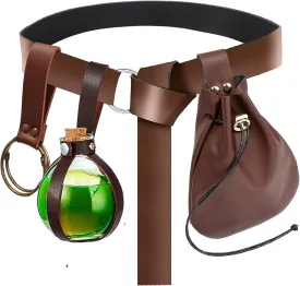 SUMGOGO 4 Pcs Halloween Renaissance Belt Pouch Witch Bottle Skirt Hikes Medieval Viking Pirate Leather Belt Costume Set