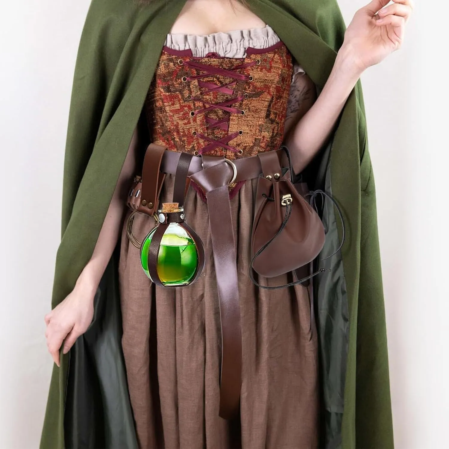 SUMGOGO 4 Pcs Halloween Renaissance Belt Pouch Witch Bottle Skirt Hikes Medieval Viking Pirate Leather Belt Costume Set