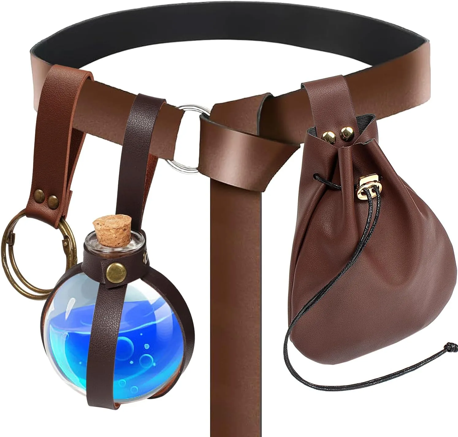 SUMGOGO 4 Pcs Halloween Renaissance Belt Pouch Witch Bottle Skirt Hikes Medieval Viking Pirate Leather Belt Costume Set
