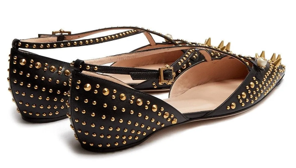 'Unia' Studded Leather Flats - Black or Pink