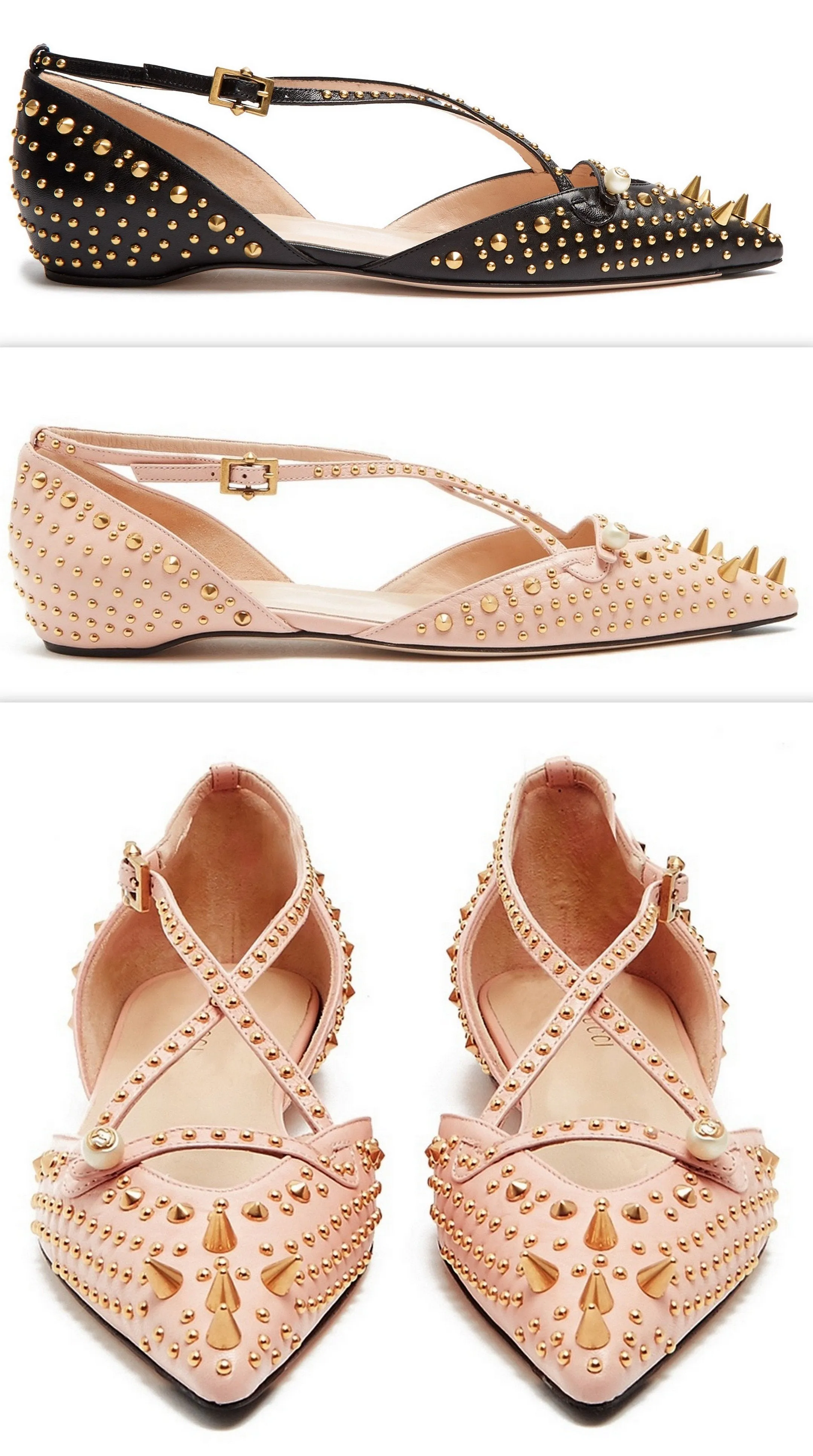 'Unia' Studded Leather Flats - Black or Pink