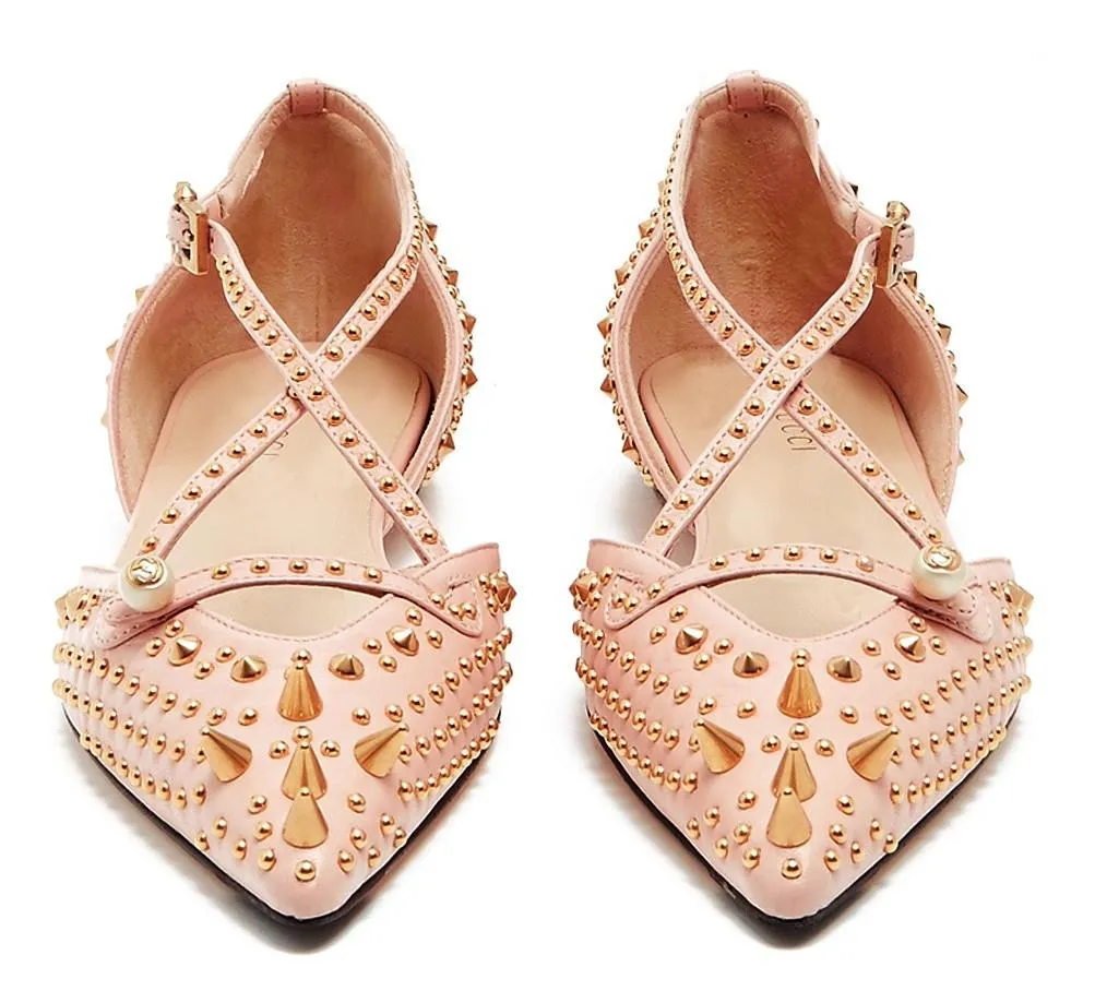 'Unia' Studded Leather Flats - Black or Pink